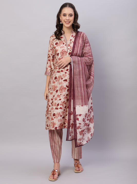 Women Red Ethnic Floral Print Kurta with Trousers & Dupatta