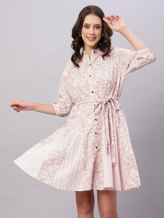 Off White Floral Printed Cotton Fit and Flare Ethnic Dresses