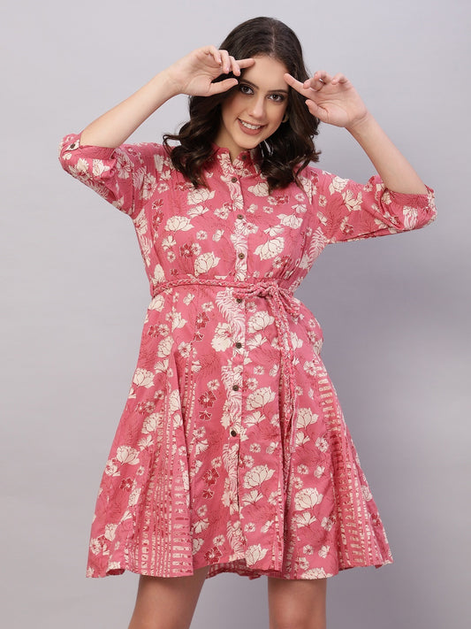 Pink & White Floral Printed Cotton Fit and Flare Ethnic Dresses