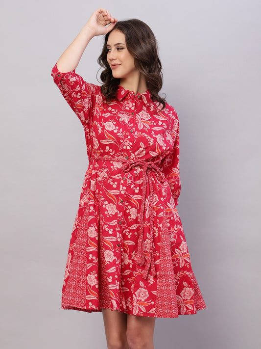 Rani Pink Floral Printed Cotton Fit and Flare Ethnic Dresses