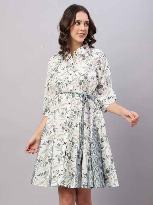 White Floral Printed Cotton Fit and Flare Ethnic Dresses