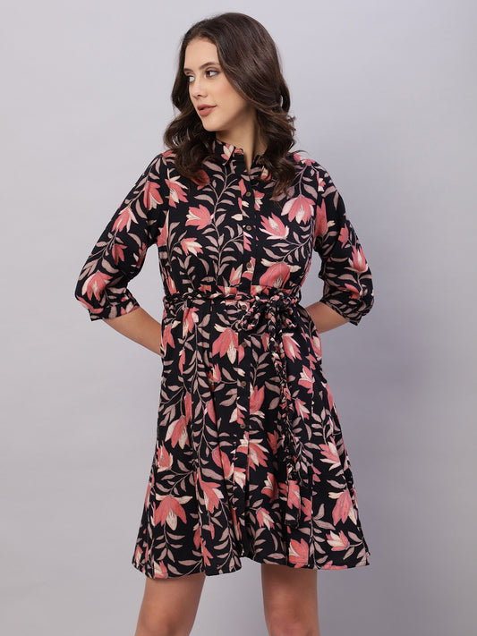 Black Floral Printed Cotton Fit and Flare Ethnic Dresses