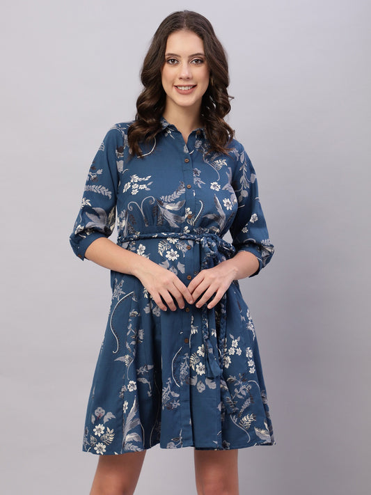 Navy Blue Floral Printed Cotton Fit and Flare Ethnic Dresses