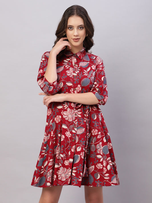 Red Floral Printed Cotton Fit and Flare Ethnic Dresses