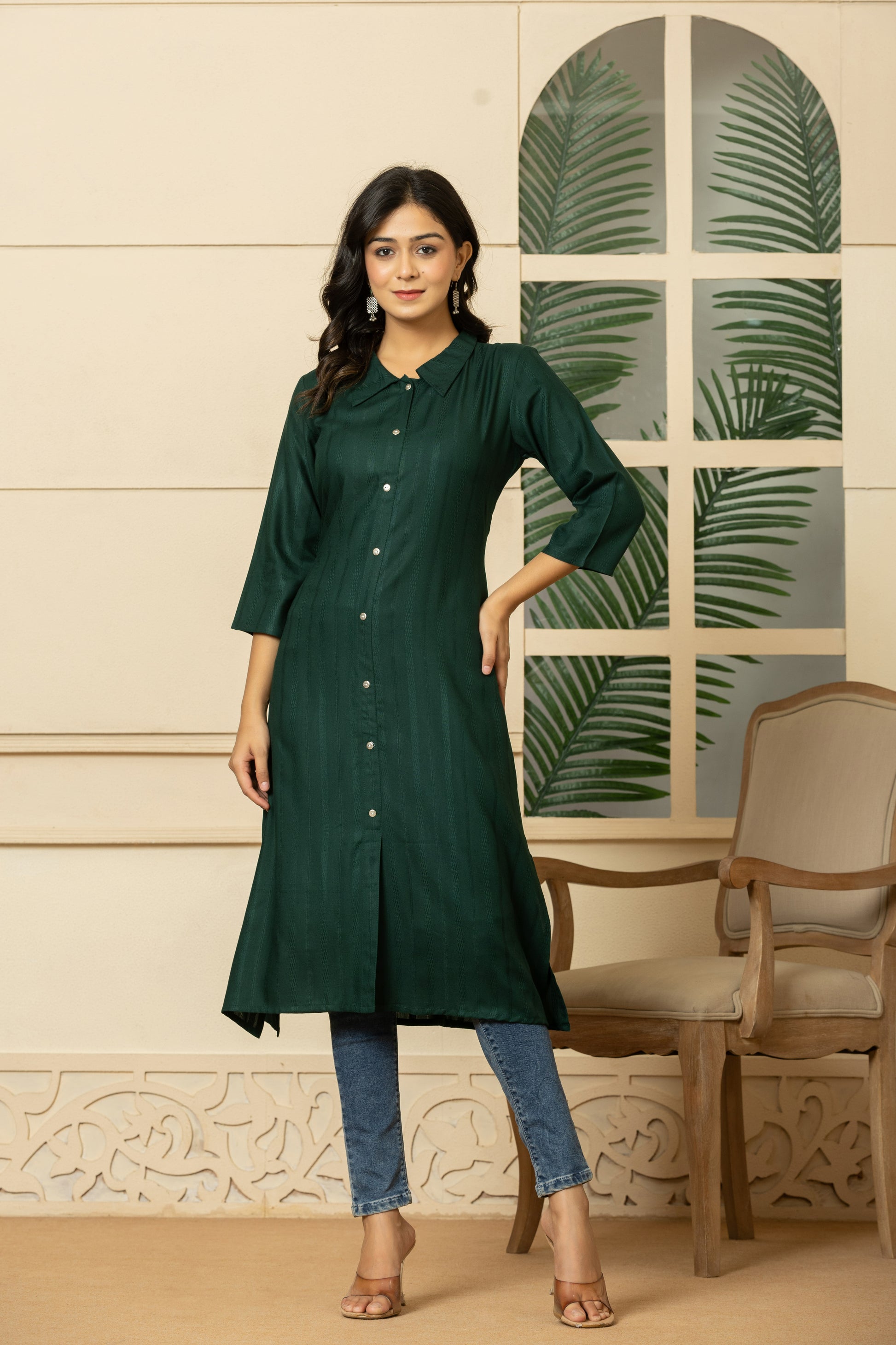 Green Rayon Kurta for Women - Elegant Button-Down Design for Everyday Style