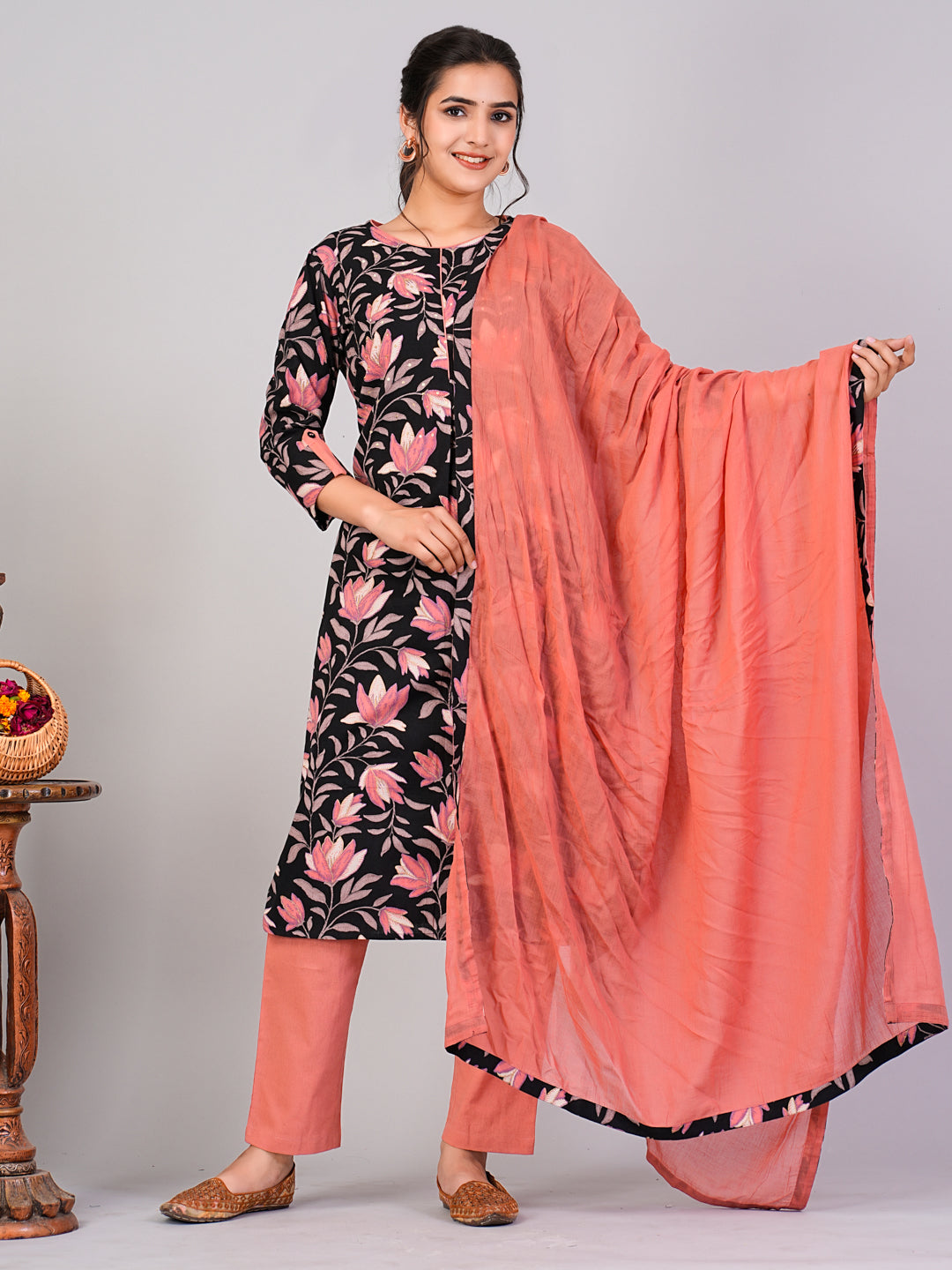 Black Ethnic Motifs Floral Print Kurta with Trousers & Dupatta 1st