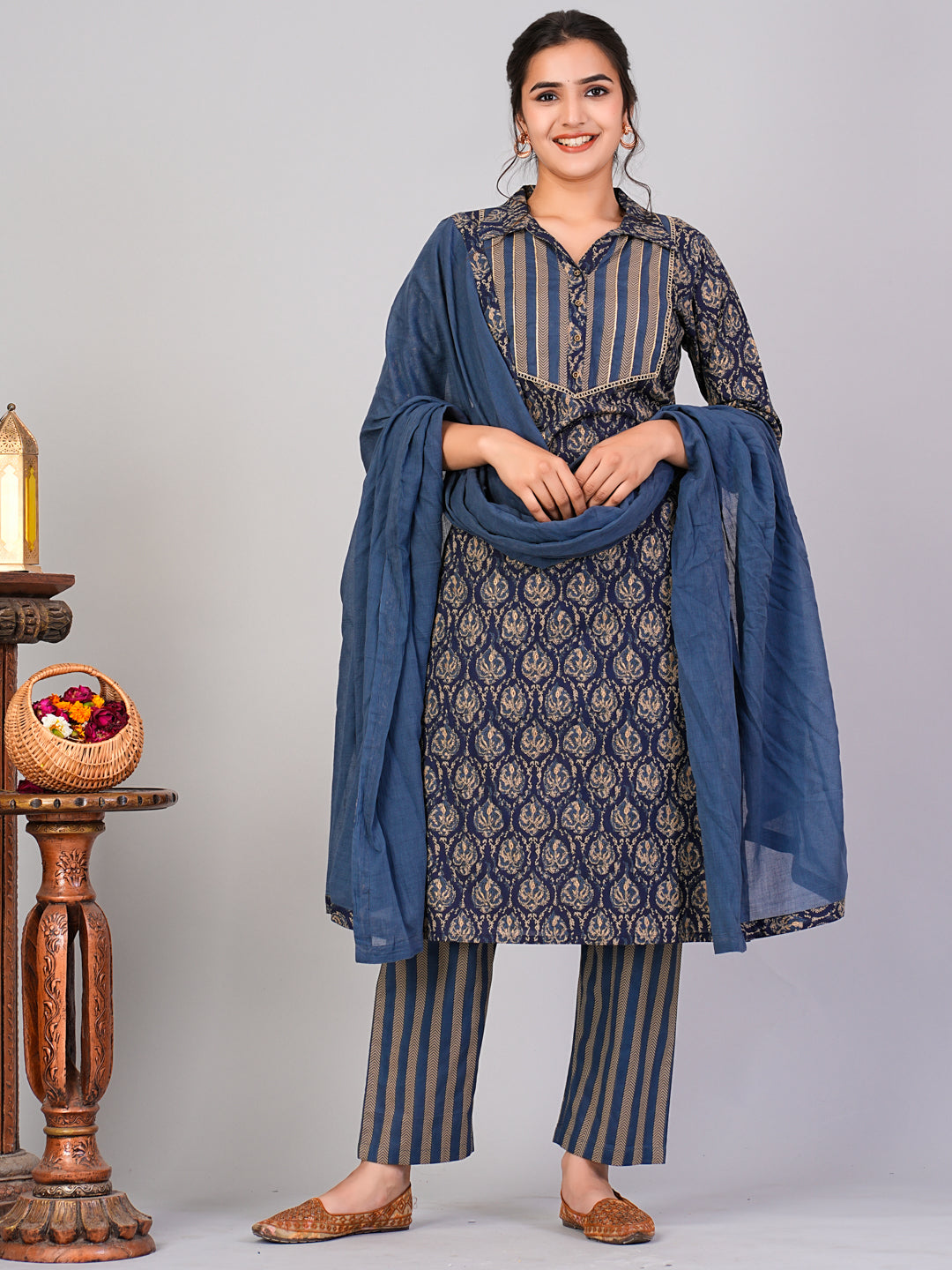 Flamboyant Women Blue Ethnic Motifs Floral Print Kurta with Trousers & Dupatta By Flamboyant 3 pcs set kurta set Pant Women kurta set