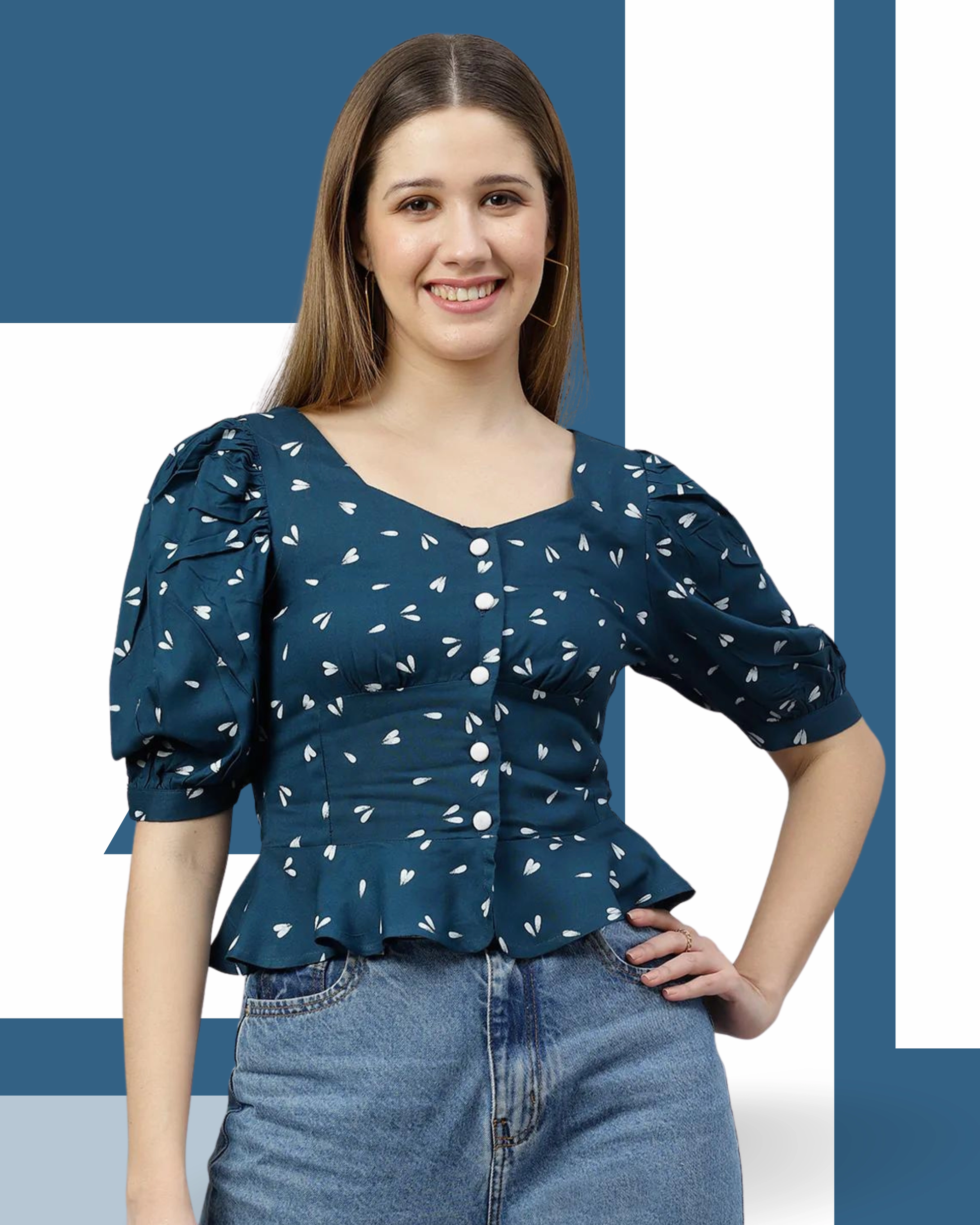 FLAMBOYANTTREND Blue Printed Fit & Flared Top By Flamboyant Top