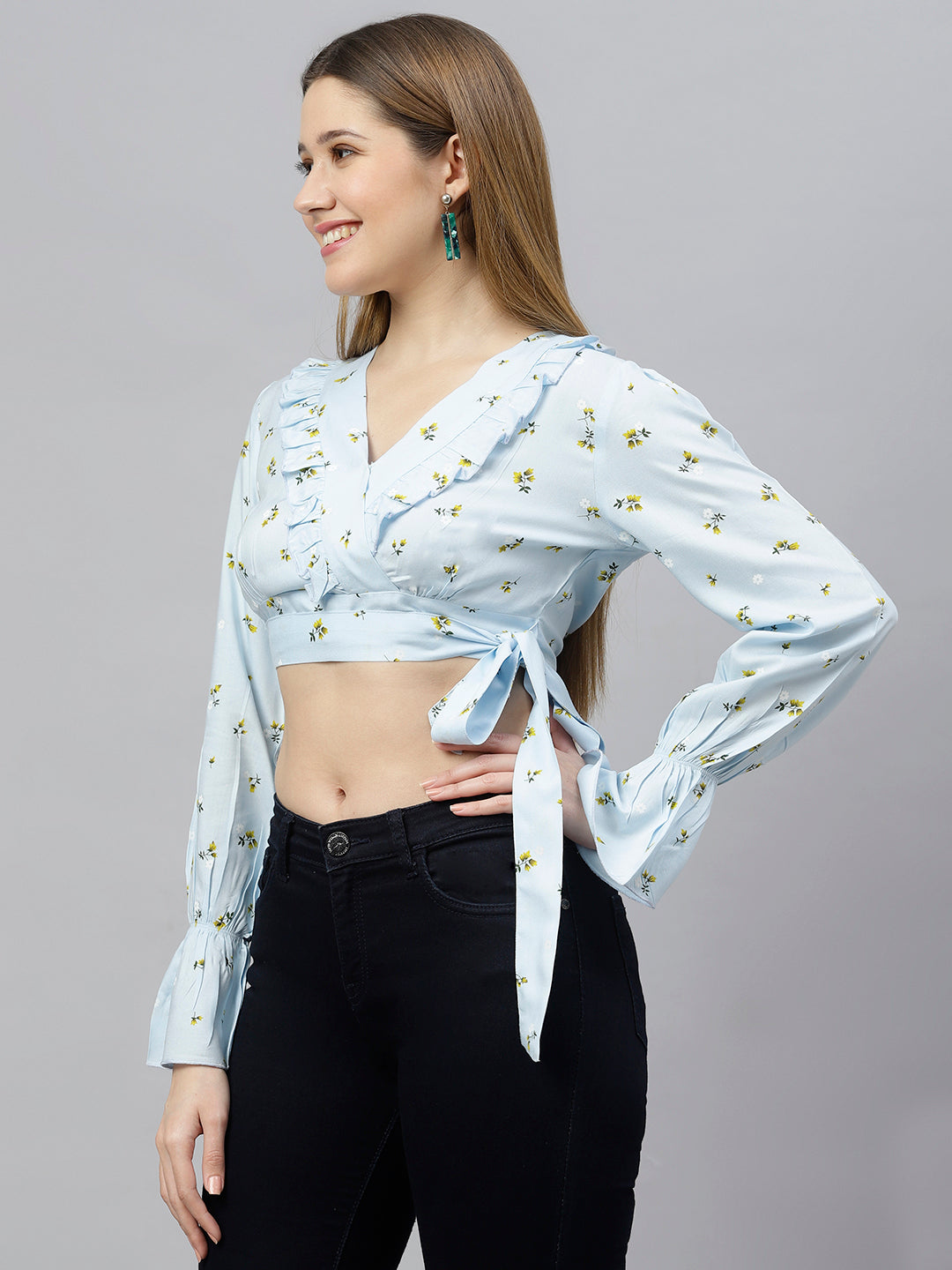 FLAMBOYANTTREND Light Blue Floral Printed Crop Top By Flamboyant Top