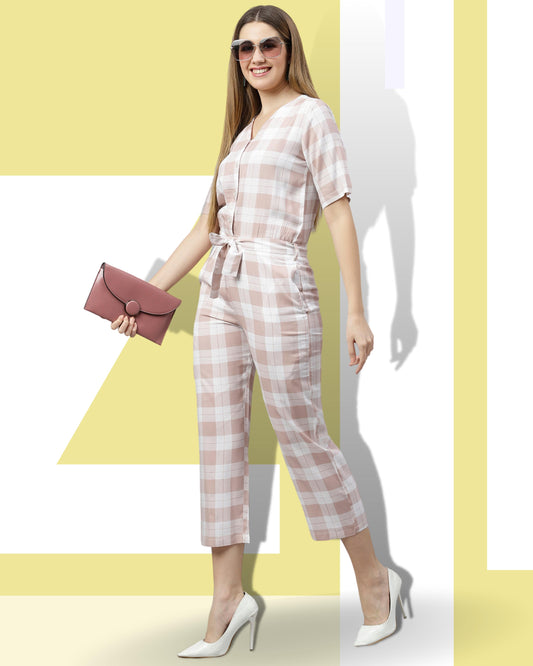 Brown White Checked Jumpsuit