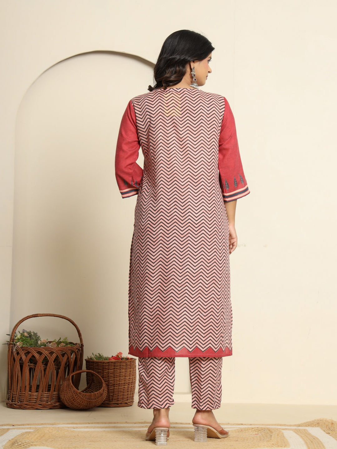 Maroon Printed Cotton Kurta With Trousers & Dupatta For Womens