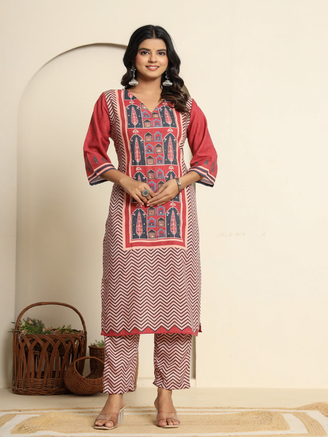 Maroon Printed Cotton Kurta With Trousers & Dupatta For Womens