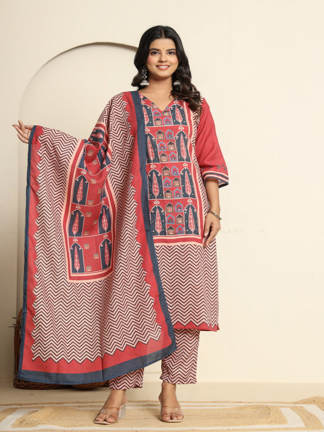 Maroon Printed Cotton Kurta With Trousers & Dupatta For Womens