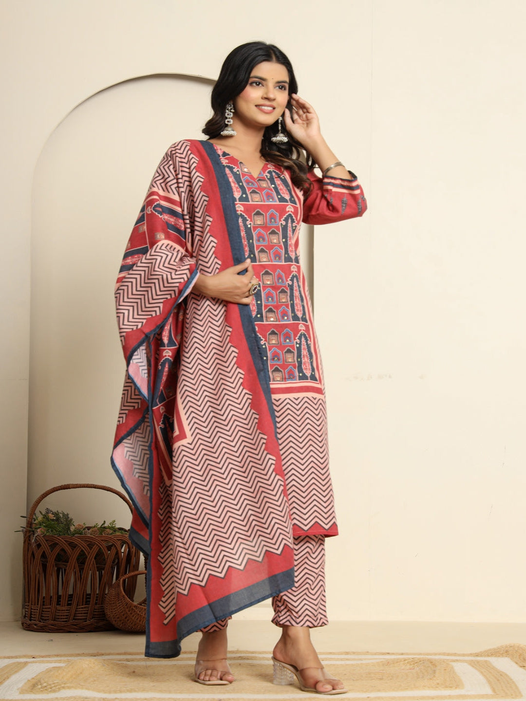 Maroon Printed Cotton Kurta With Trousers & Dupatta For Womens