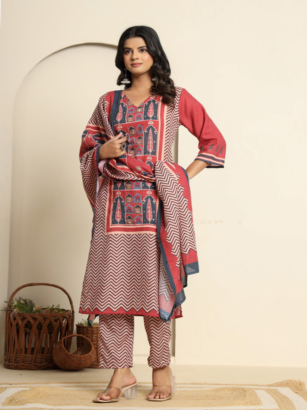 Maroon Printed Cotton Kurta With Trousers & Dupatta For Womens