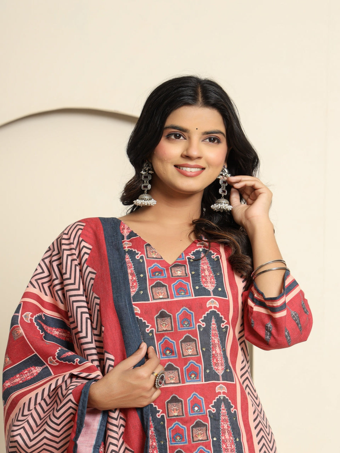 Maroon Printed Cotton Kurta With Trousers & Dupatta For Womens