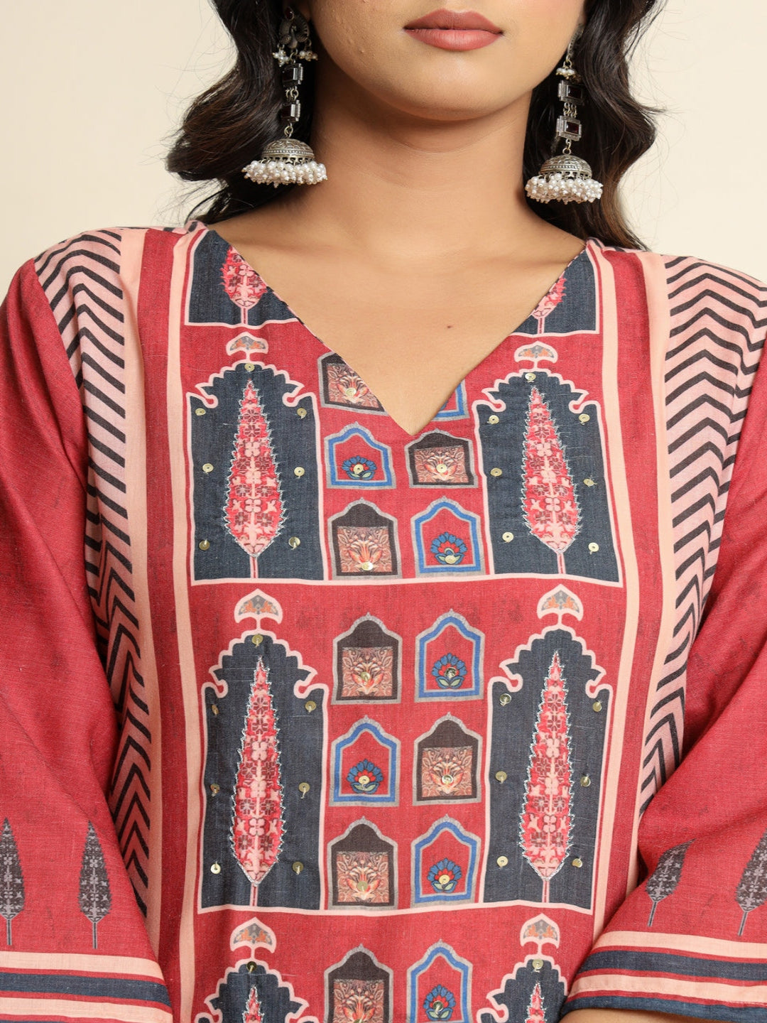 Maroon Printed Cotton Kurta With Trousers & Dupatta For Womens