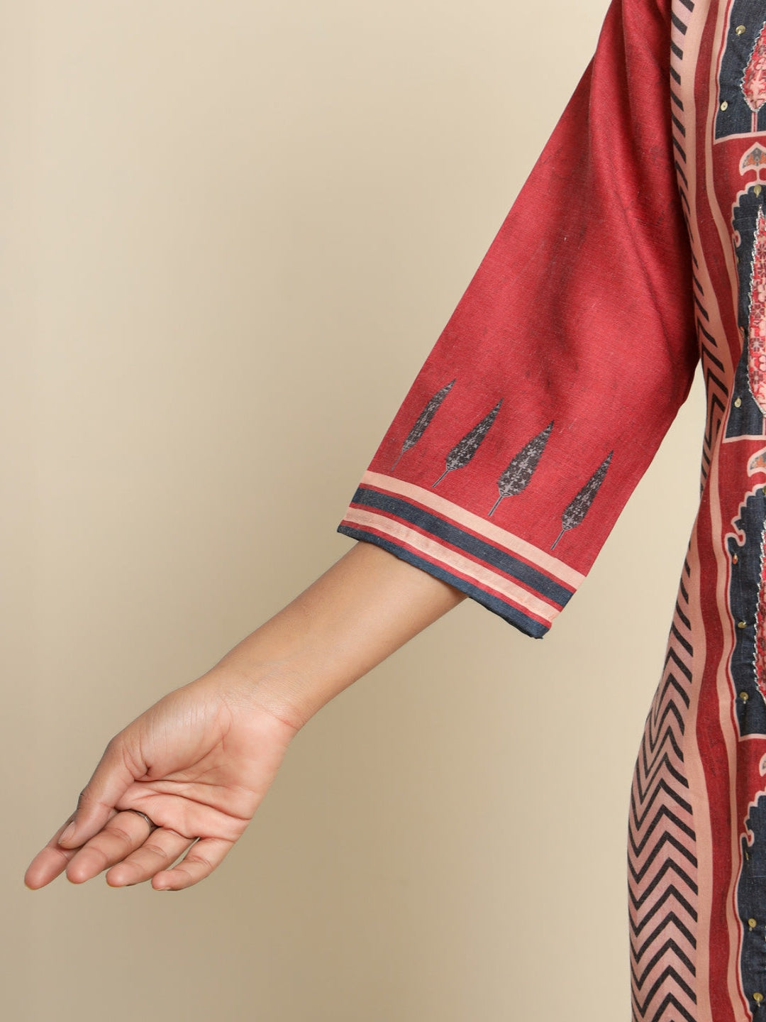 Maroon Printed Cotton Kurta With Trousers & Dupatta For Womens