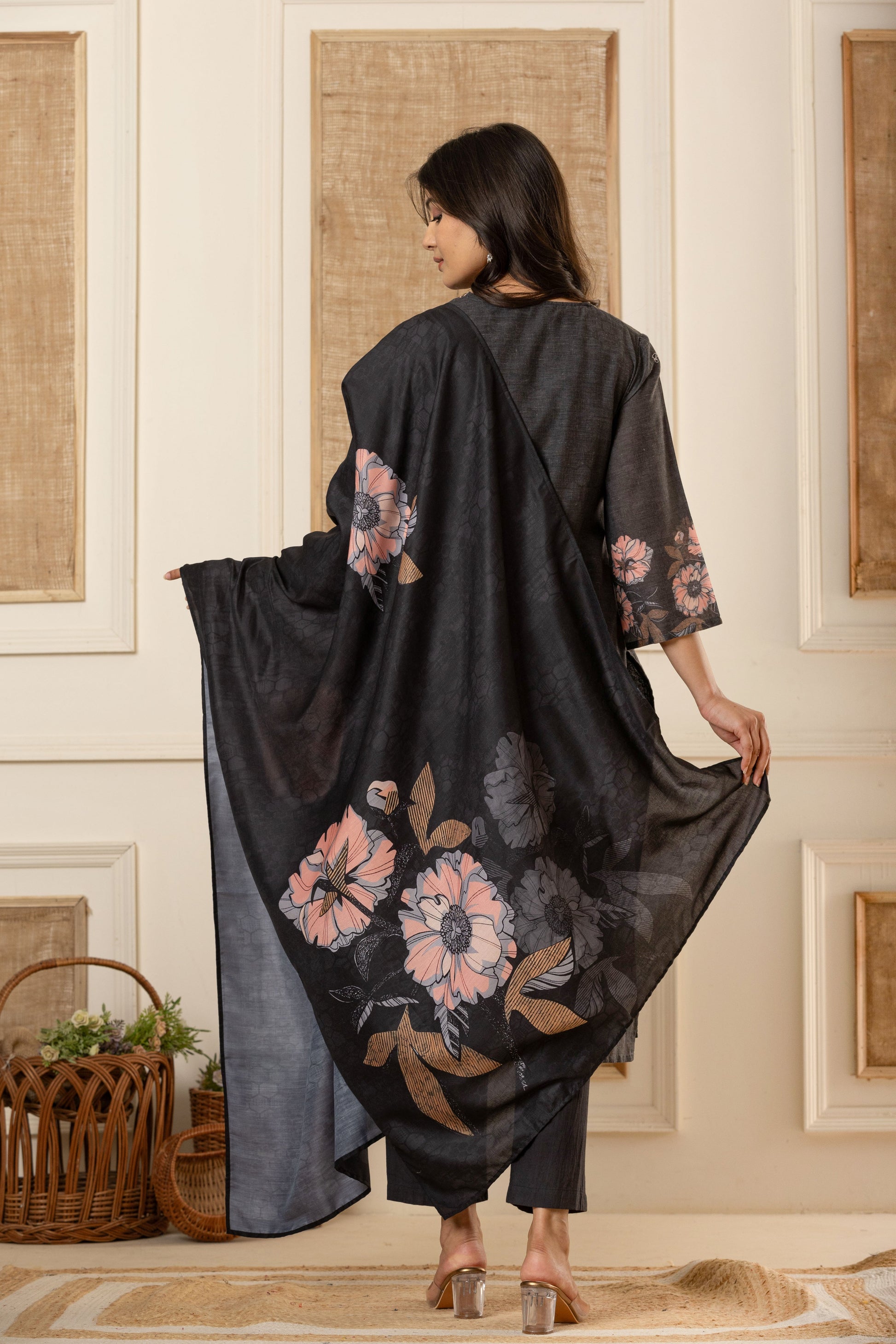 Black Schiffli Straight Kurta with Embroidered Round Neck and Pant with Dupatta By Flamboyant flamboyanttrend.myshopify.com