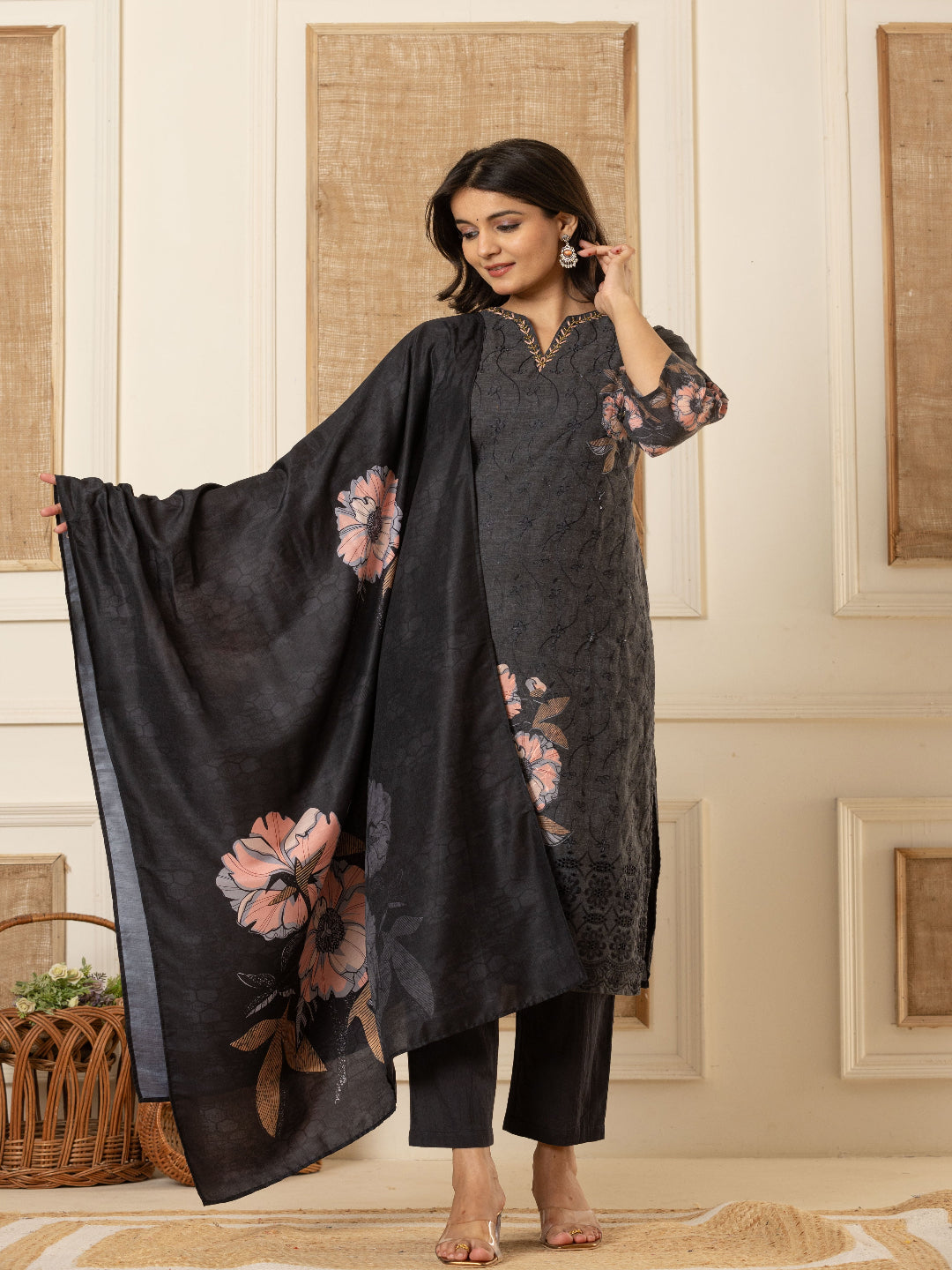 Black Schiffli Straight Kurta with Embroidered Round Neck and Pant with Dupatta By Flamboyant flamboyanttrend.myshopify.com