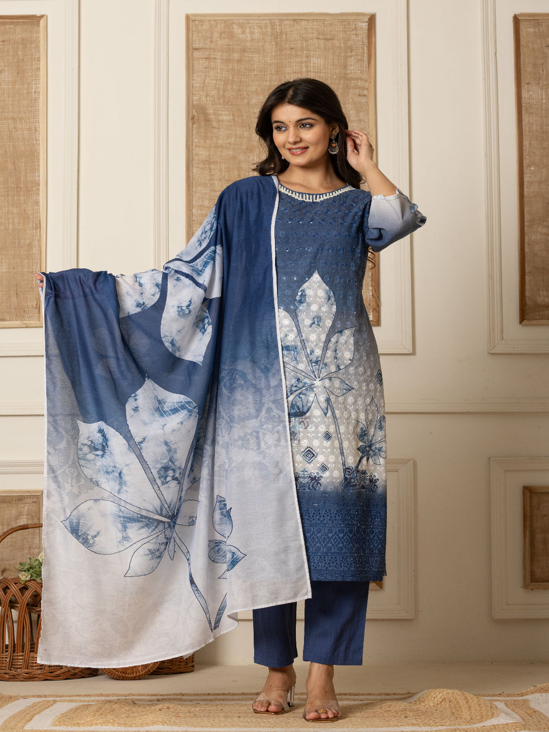 Blue And White Schiffli Straight Kurta with Embroidered Round Neck and Pant with Dupatta By Flamboyant flamboyanttrend.myshopify.com