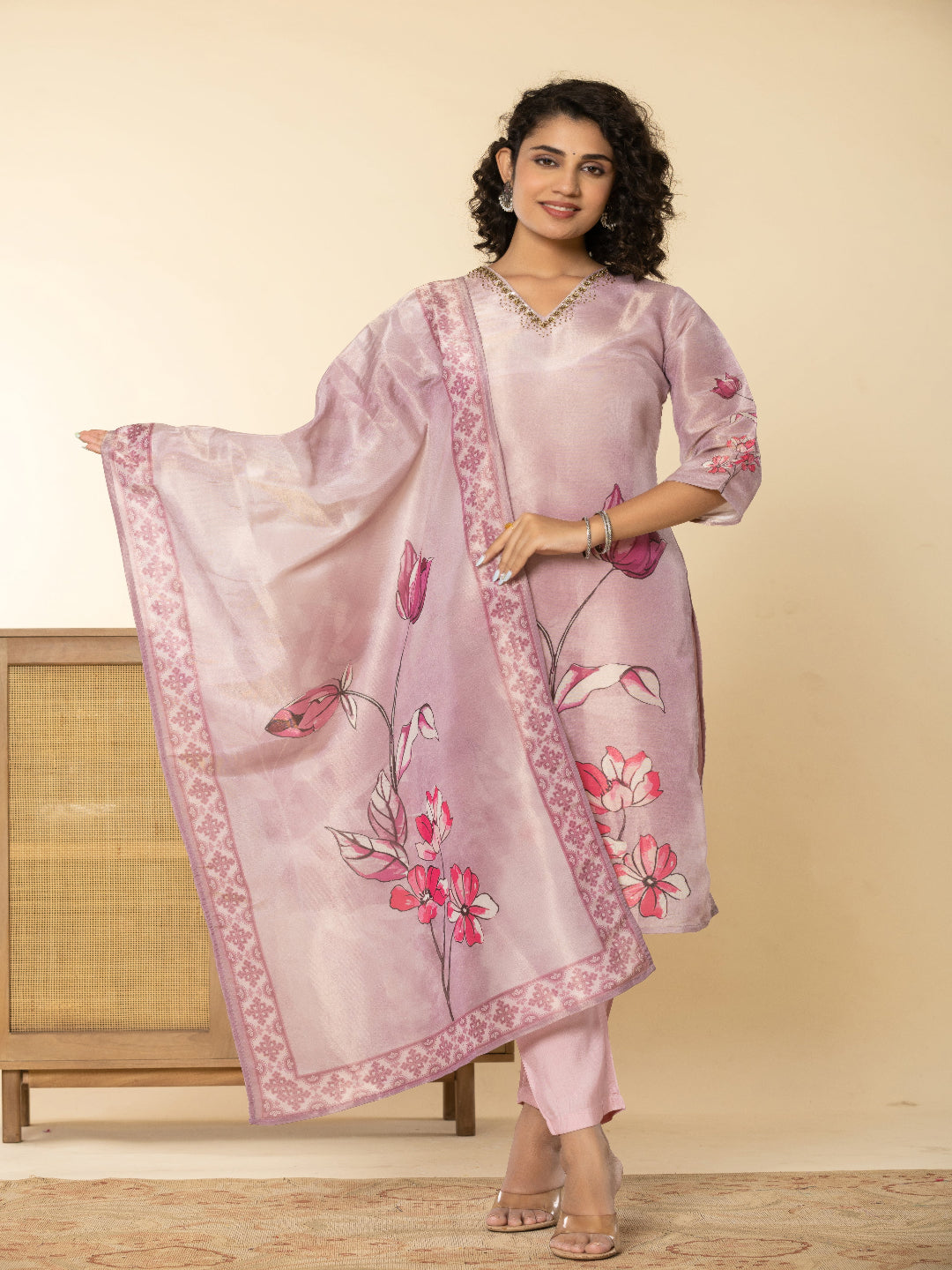 Pink Shimmer Straight Kurta with  Embroidered V-Neck and Pant with Dupatta