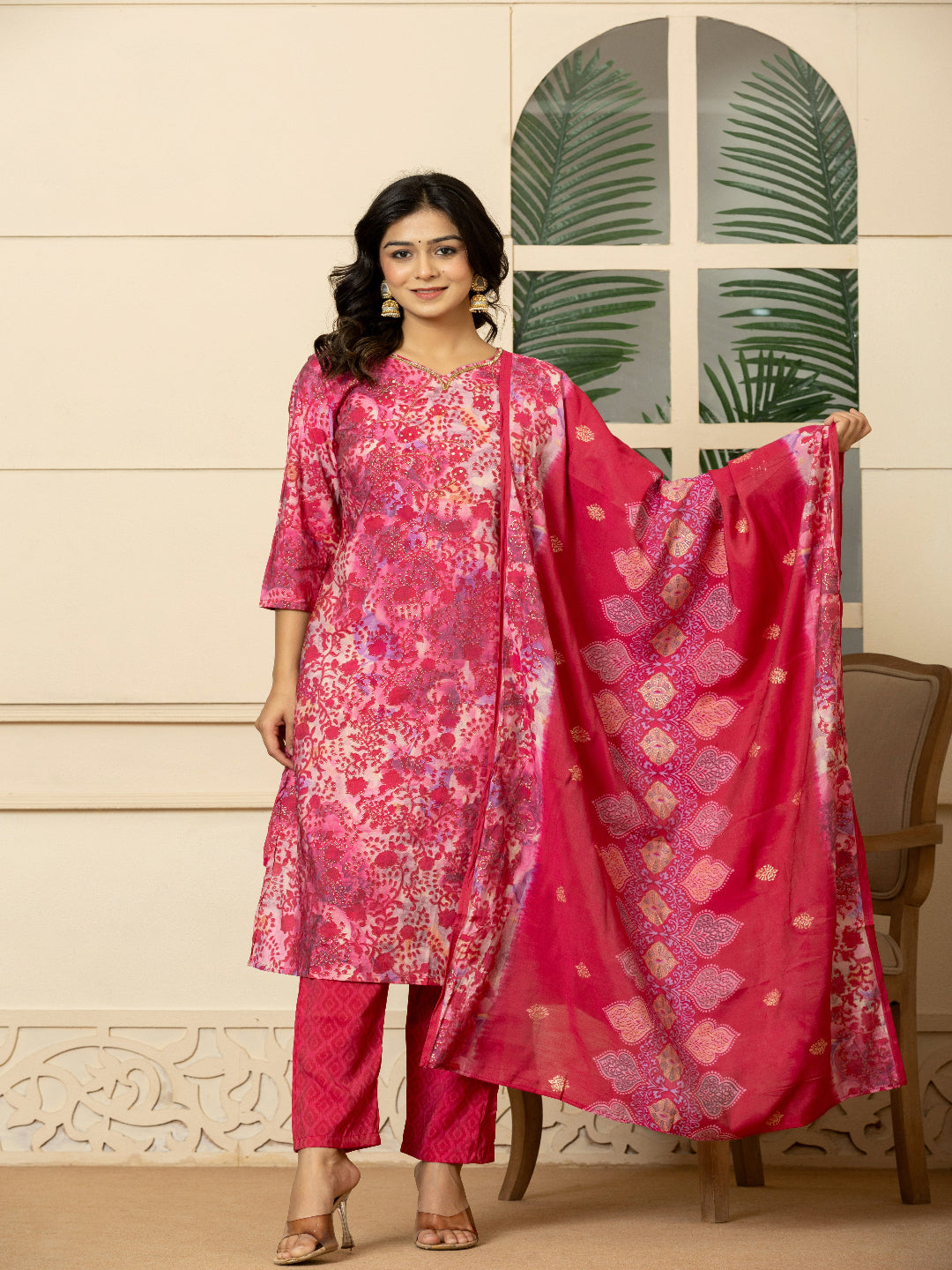Pink Modal chanderi Kurta with Embroidered V-Neck and Pant with Dupatta
