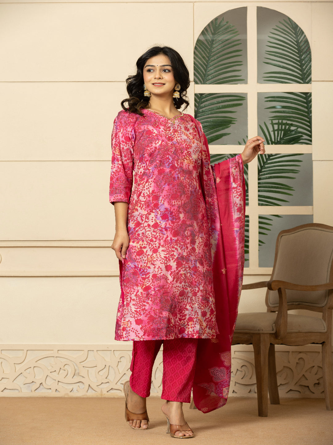 Pink Modal chanderi Kurta with Embroidered V-Neck and Pant with Dupatta
