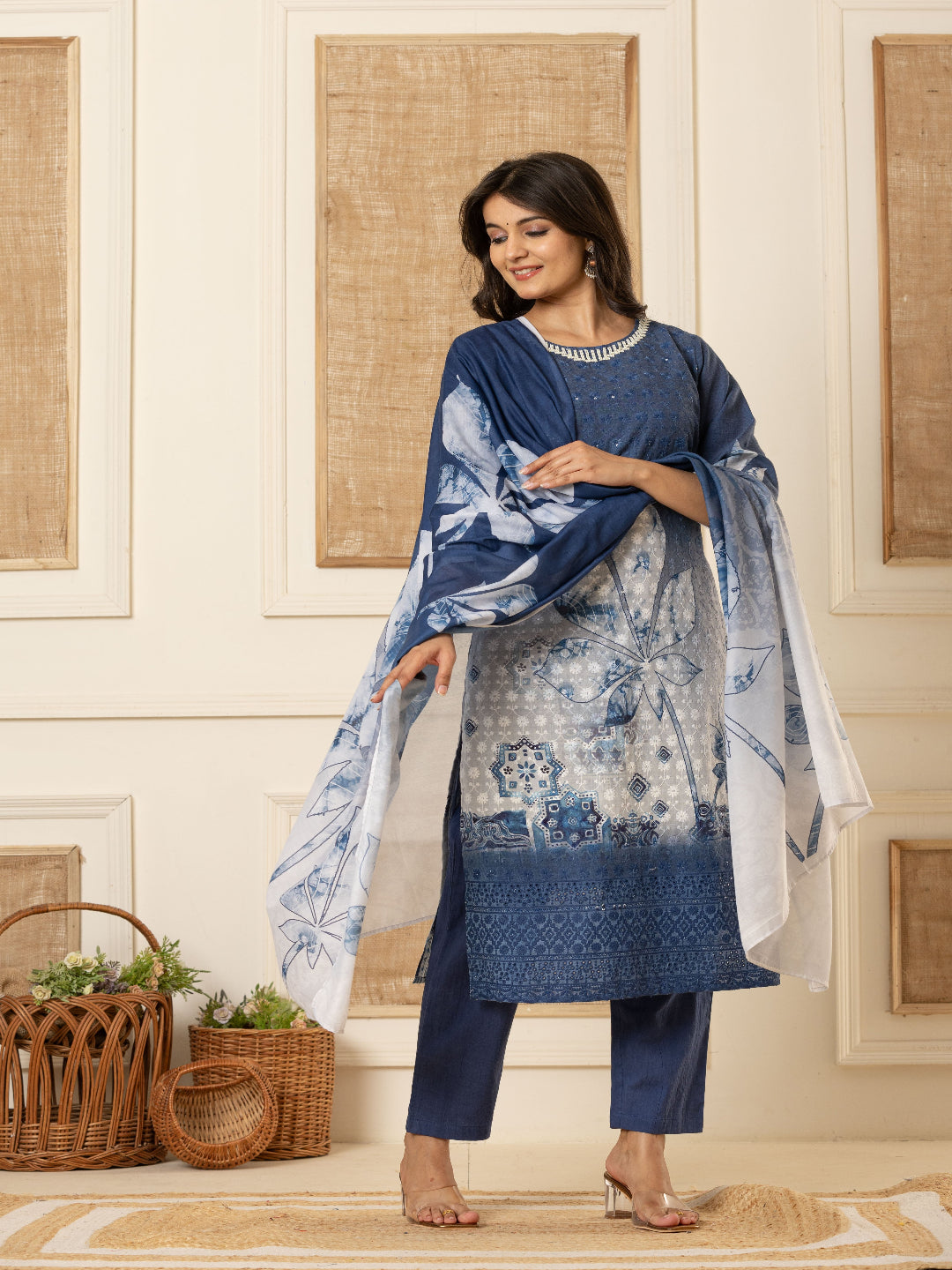 Blue And White Schiffli Straight Kurta with Embroidered Round Neck and Pant with Dupatta By Flamboyant flamboyanttrend.myshopify.com