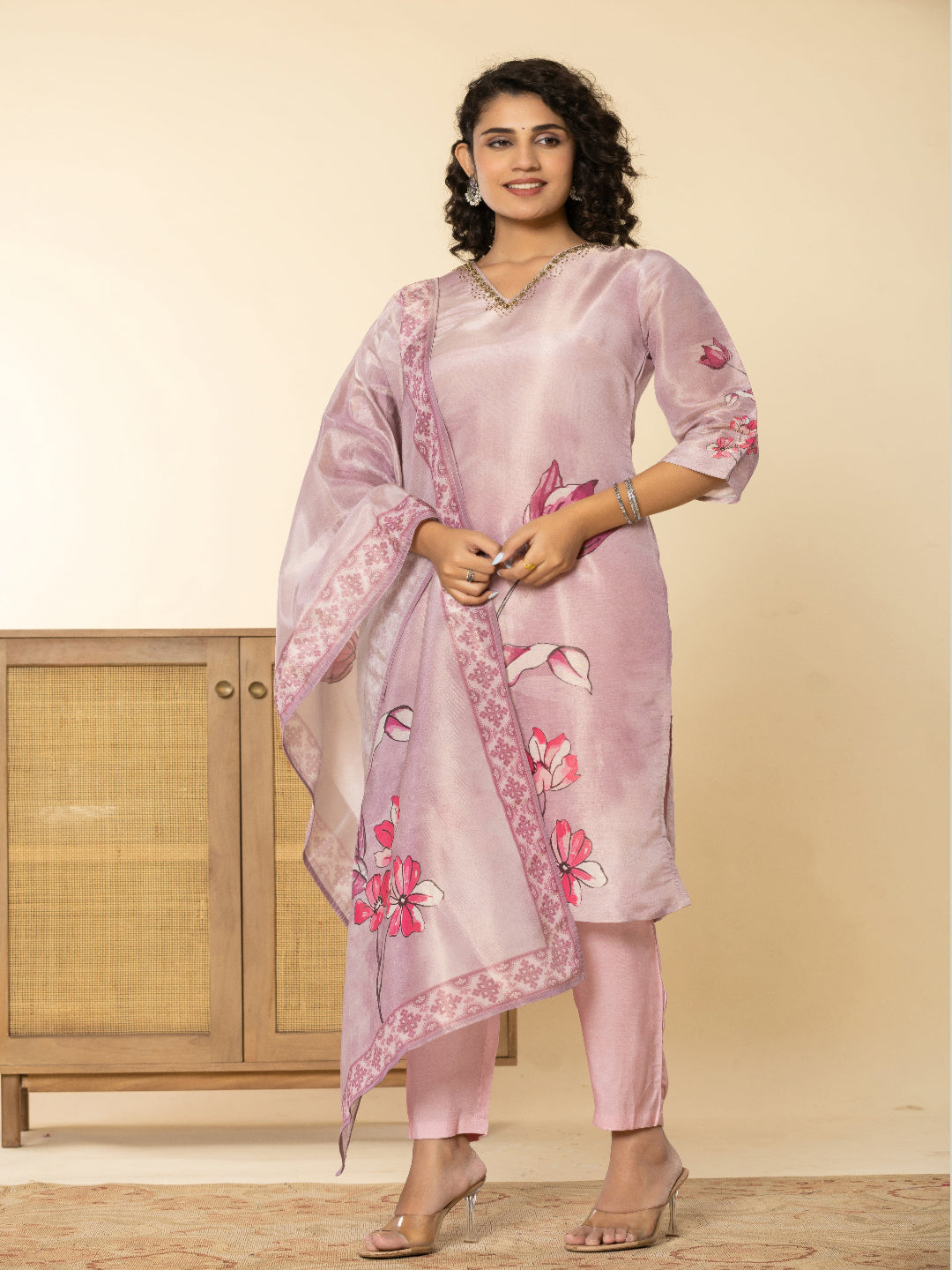 Pink Shimmer Straight Kurta with  Embroidered V-Neck and Pant with Dupatta