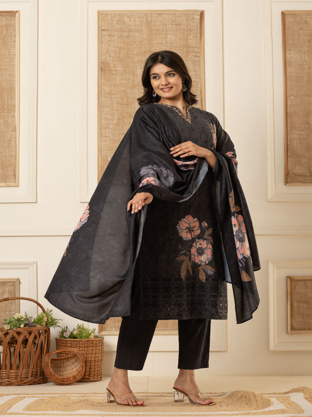 Black Schiffli Straight Kurta with Embroidered Round Neck and Pant with Dupatta By Flamboyant flamboyanttrend.myshopify.com