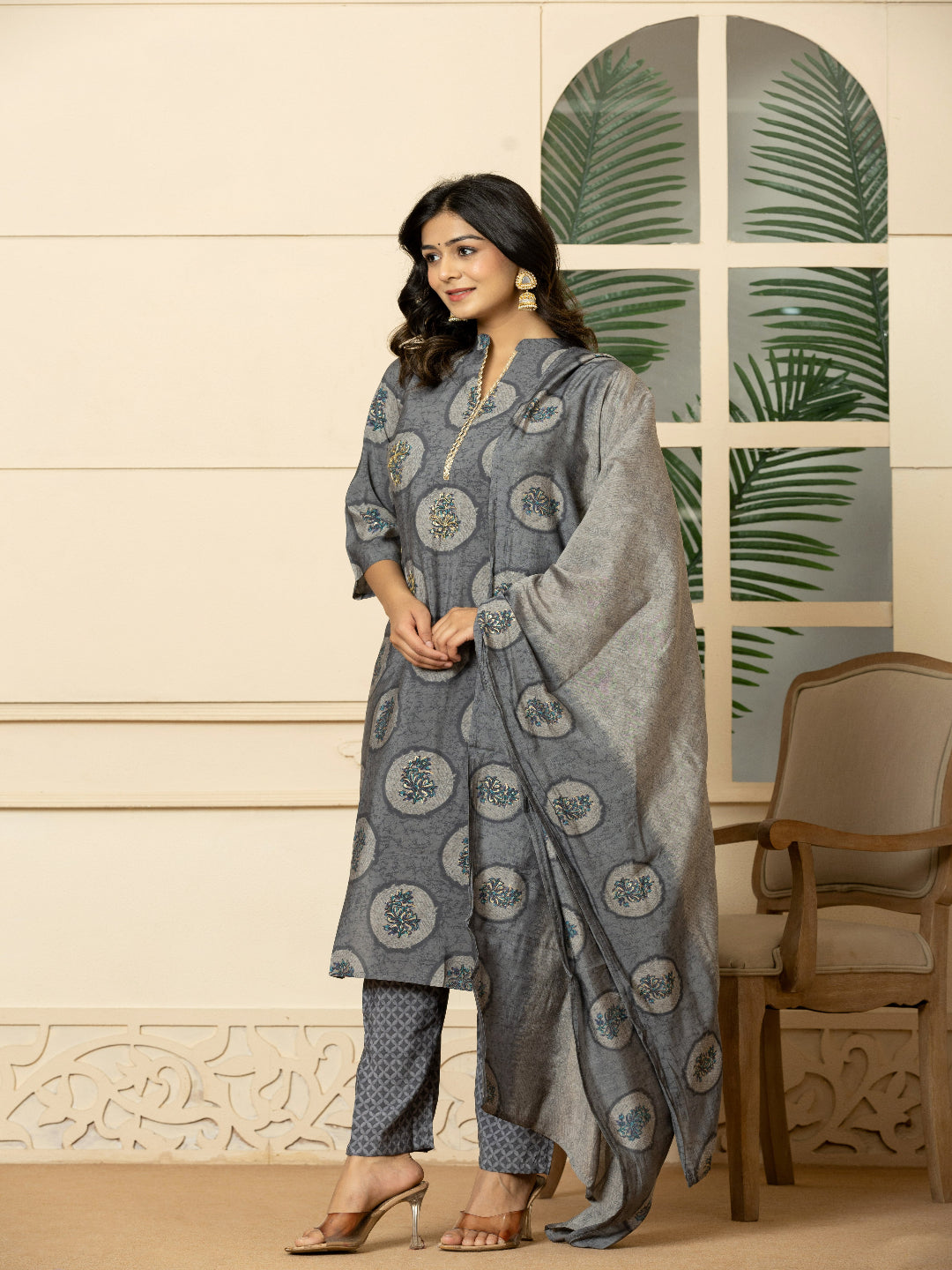 Grey Modal chanderi Straight Kurta with Embroidered Collar and Pant with Dupatta