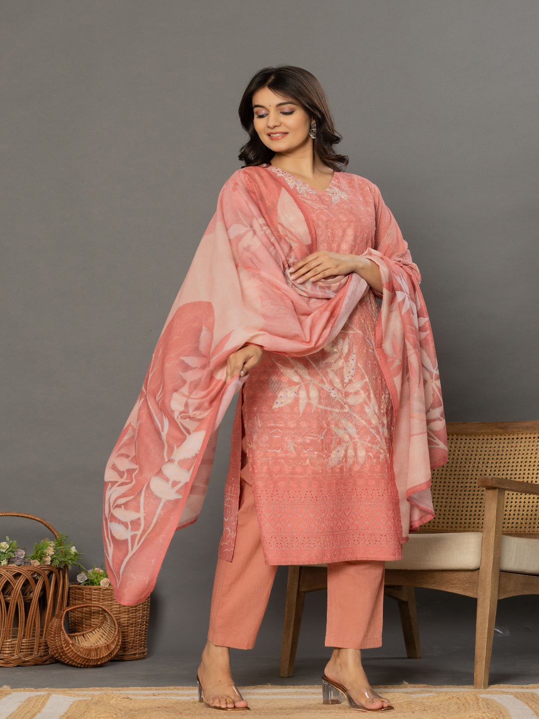 Peach Schiffli Straight Kurta with Embroidered V-Neck and Pant with Dupatta