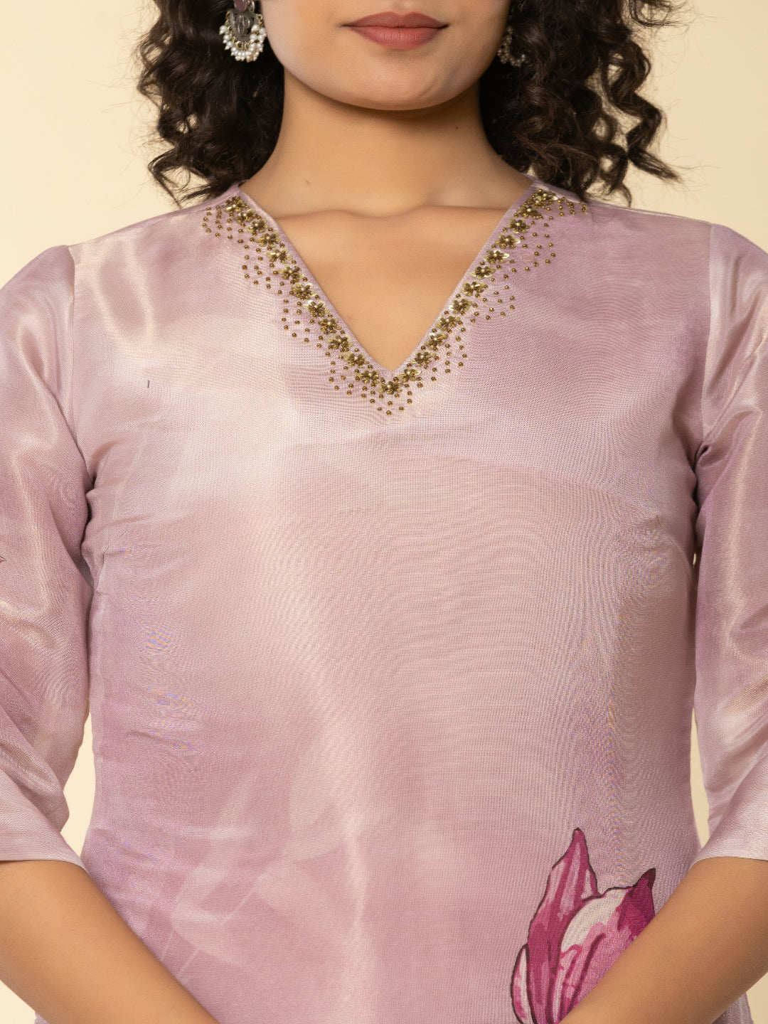 Pink Shimmer Straight Kurta with  Embroidered V-Neck and Pant with Dupatta