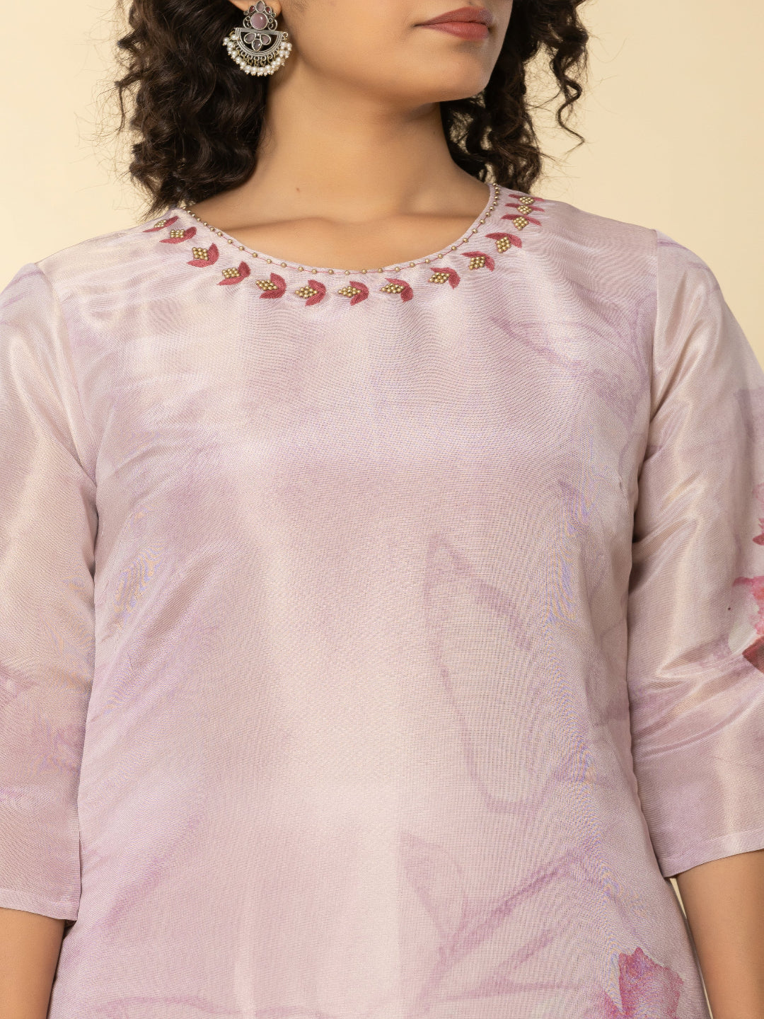 Pink Shimmer Straight Kurta with Embroidered Round Nack and Pant with Dupatta