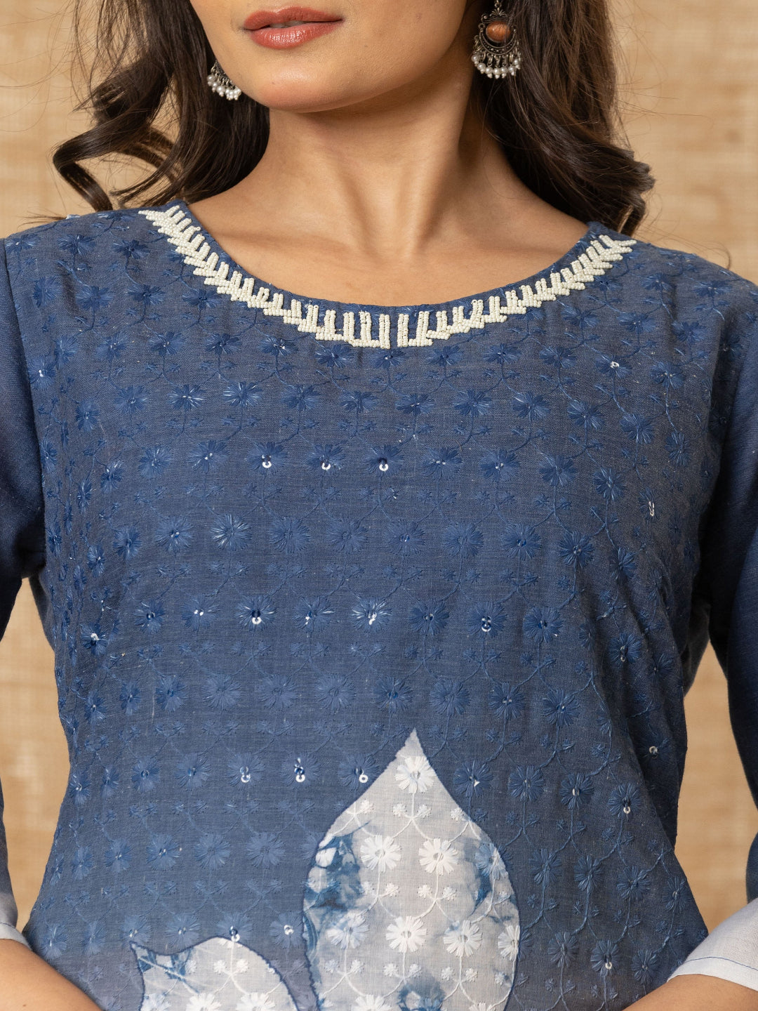 Blue And White Schiffli Straight Kurta with Embroidered Round Neck and Pant with Dupatta By Flamboyant flamboyanttrend.myshopify.com