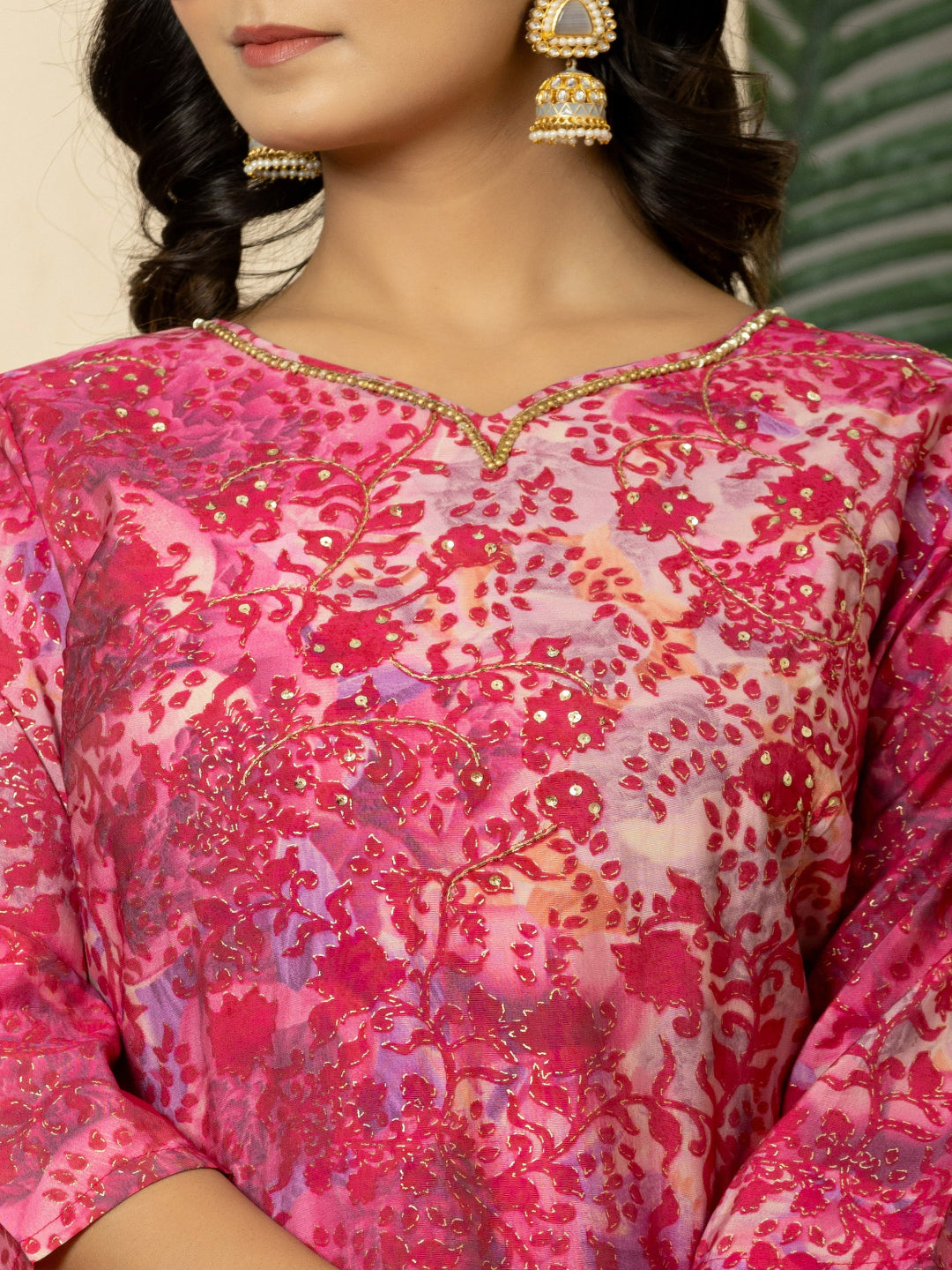 Pink Modal chanderi Kurta with Embroidered V-Neck and Pant with Dupatta