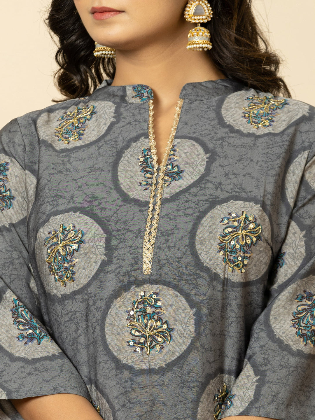 Grey Modal chanderi Straight Kurta with Embroidered Collar and Pant with Dupatta
