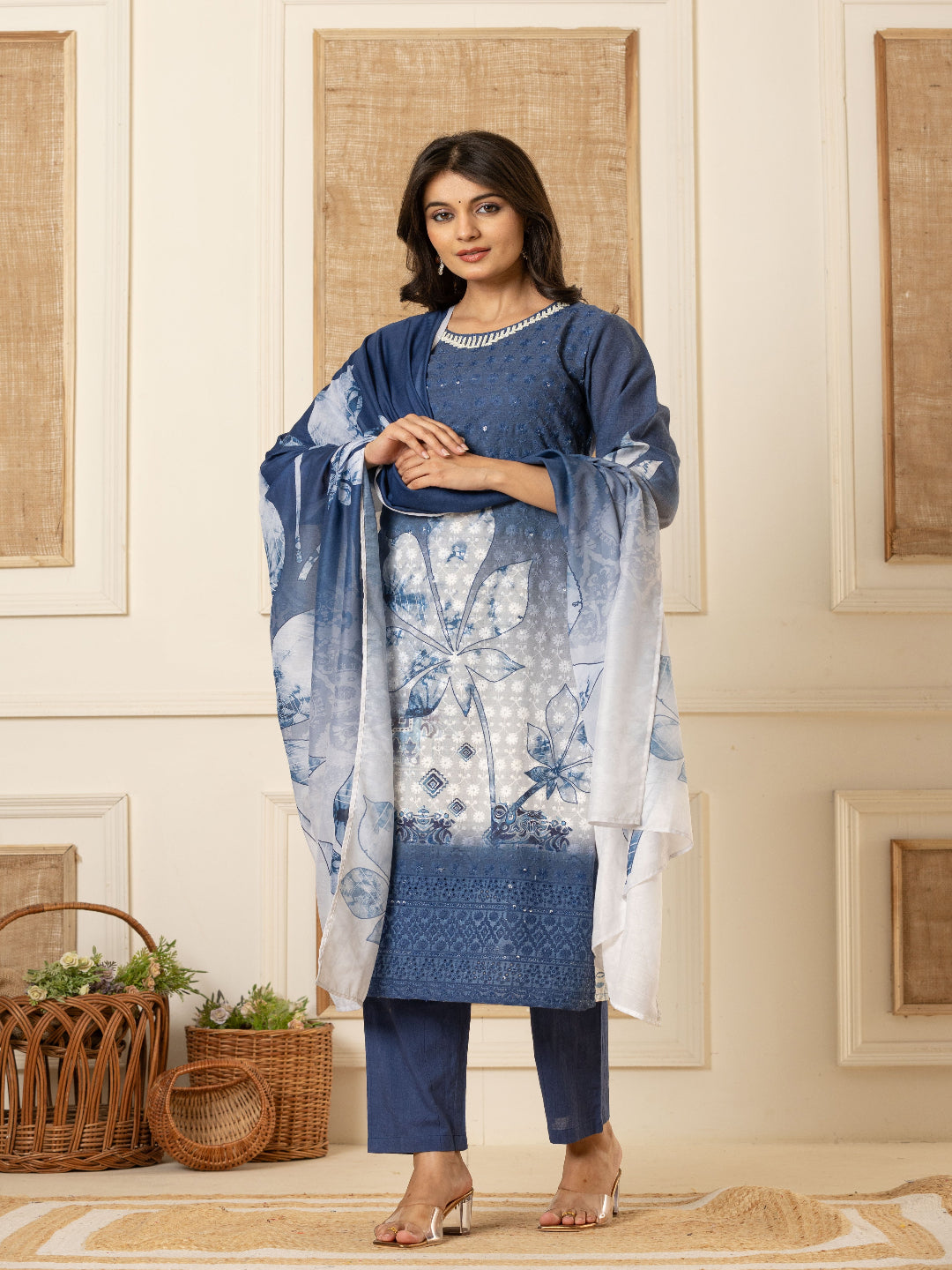 Blue And White Schiffli Straight Kurta with Embroidered Round Neck and Pant with Dupatta By Flamboyant flamboyanttrend.myshopify.com