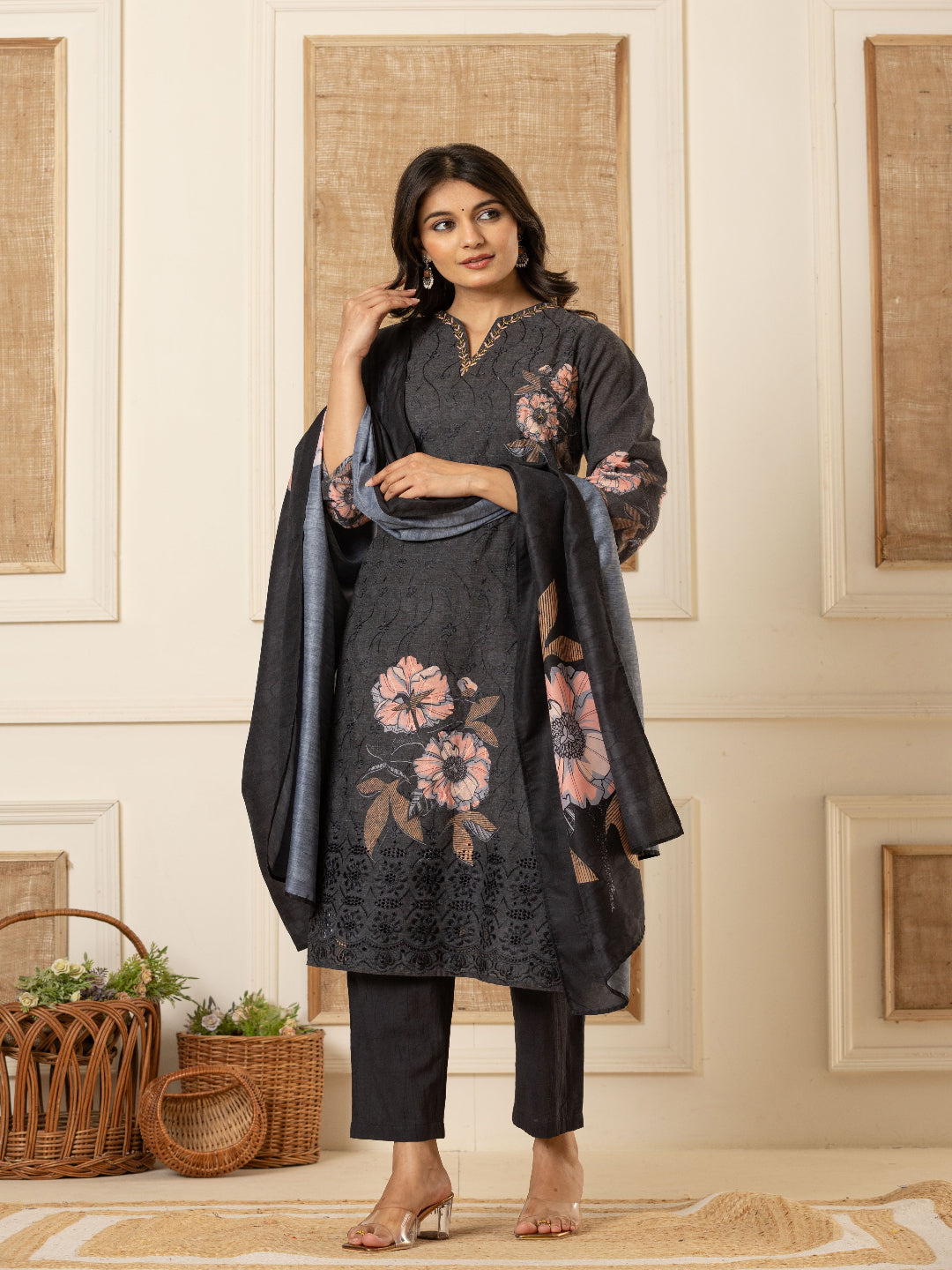 Black Schiffli Straight Kurta with Embroidered Round Neck and Pant with Dupatta By Flamboyant flamboyanttrend.myshopify.com