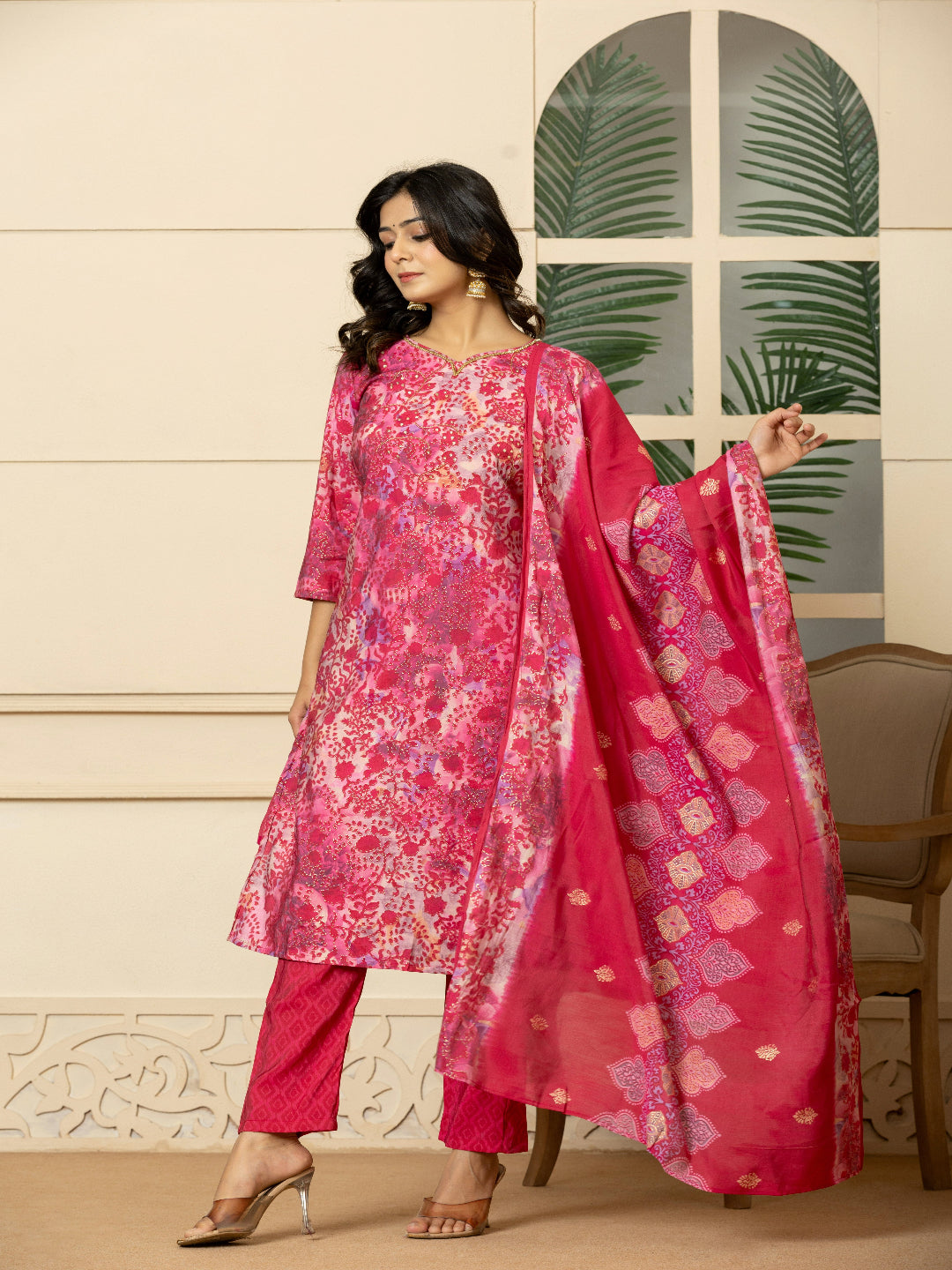 Pink Modal chanderi Kurta with Embroidered V-Neck and Pant with Dupatta