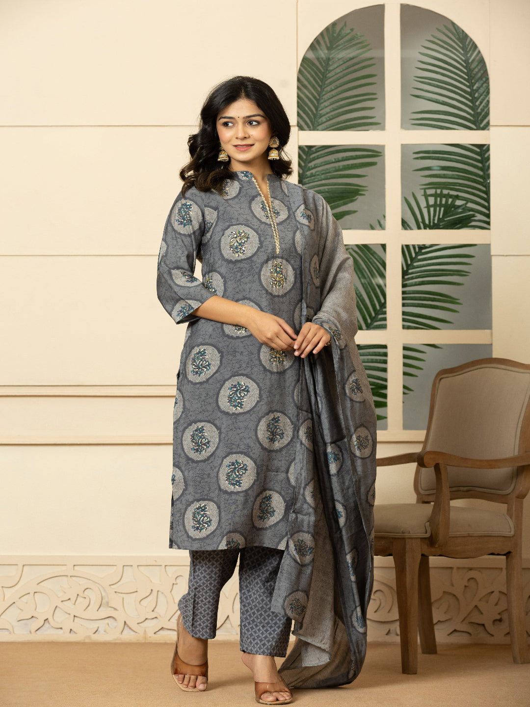 Grey Modal chanderi Straight Kurta with Embroidered Collar and Pant with Dupatta
