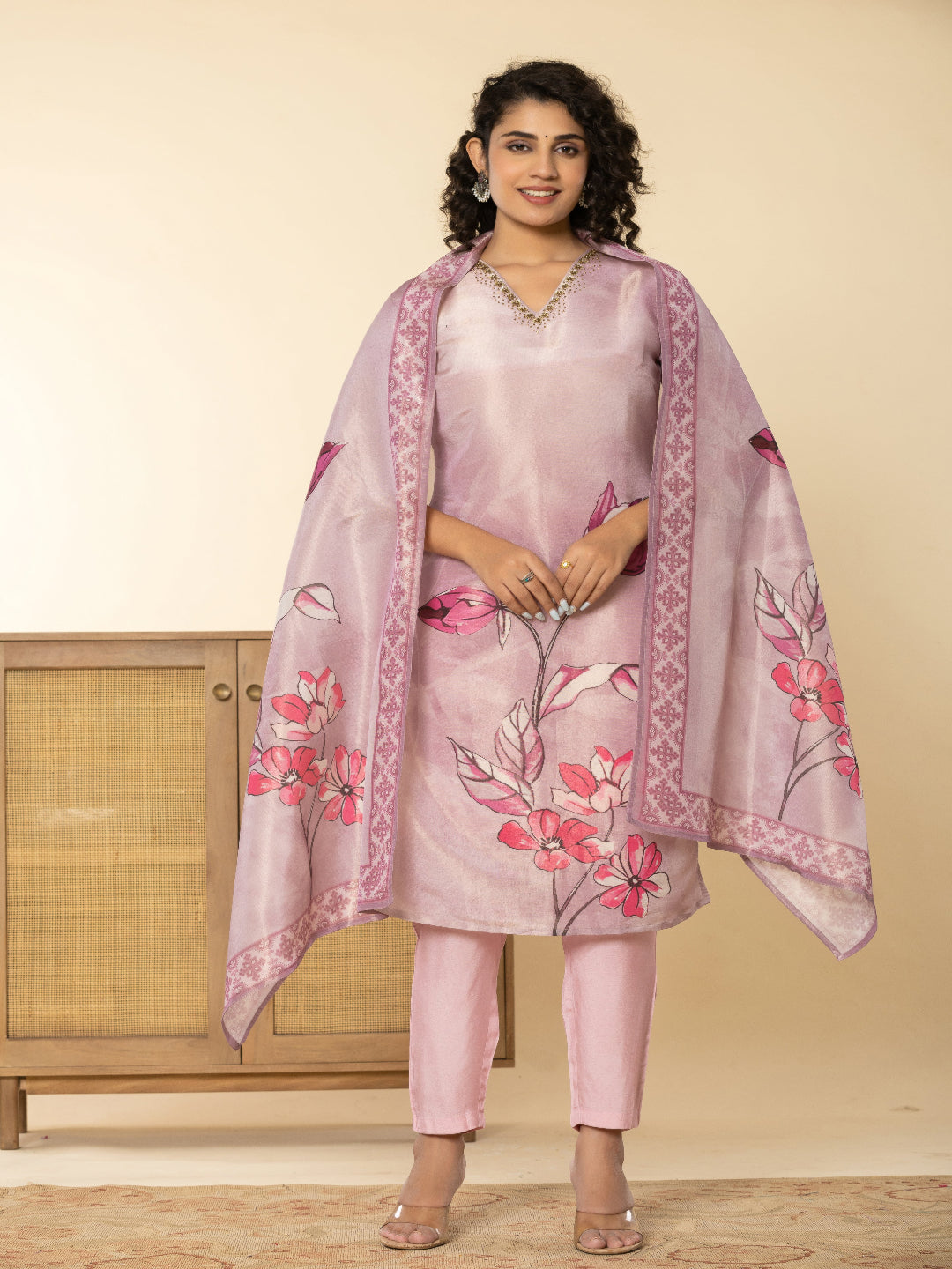 Pink Shimmer Straight Kurta with  Embroidered V-Neck and Pant with Dupatta
