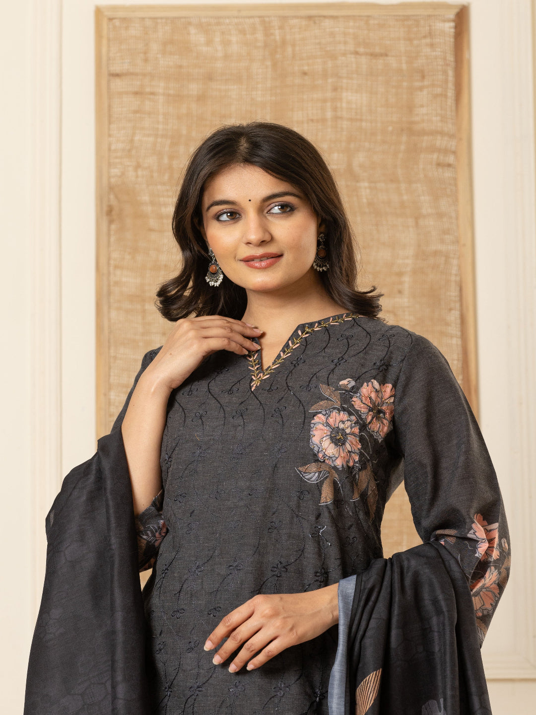 Black Schiffli Straight Kurta with Embroidered Round Neck and Pant with Dupatta By Flamboyant flamboyanttrend.myshopify.com