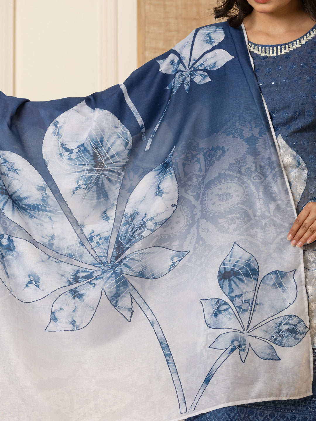 Blue And White Schiffli Straight Kurta with Embroidered Round Neck and Pant with Dupatta By Flamboyant flamboyanttrend.myshopify.com