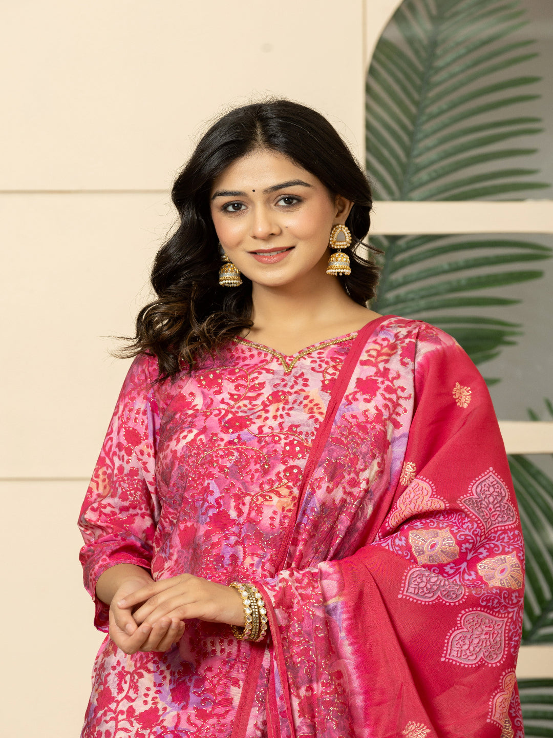 Pink Modal chanderi Kurta with Embroidered V-Neck and Pant with Dupatta