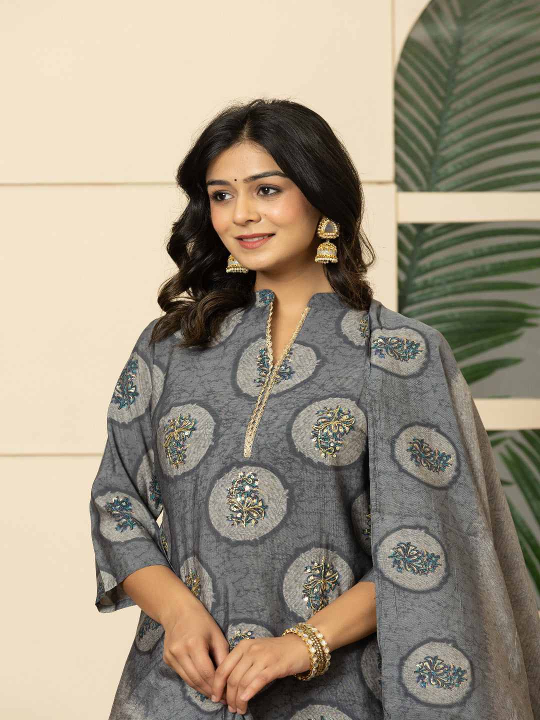 Grey Modal chanderi Straight Kurta with Embroidered Collar and Pant with Dupatta