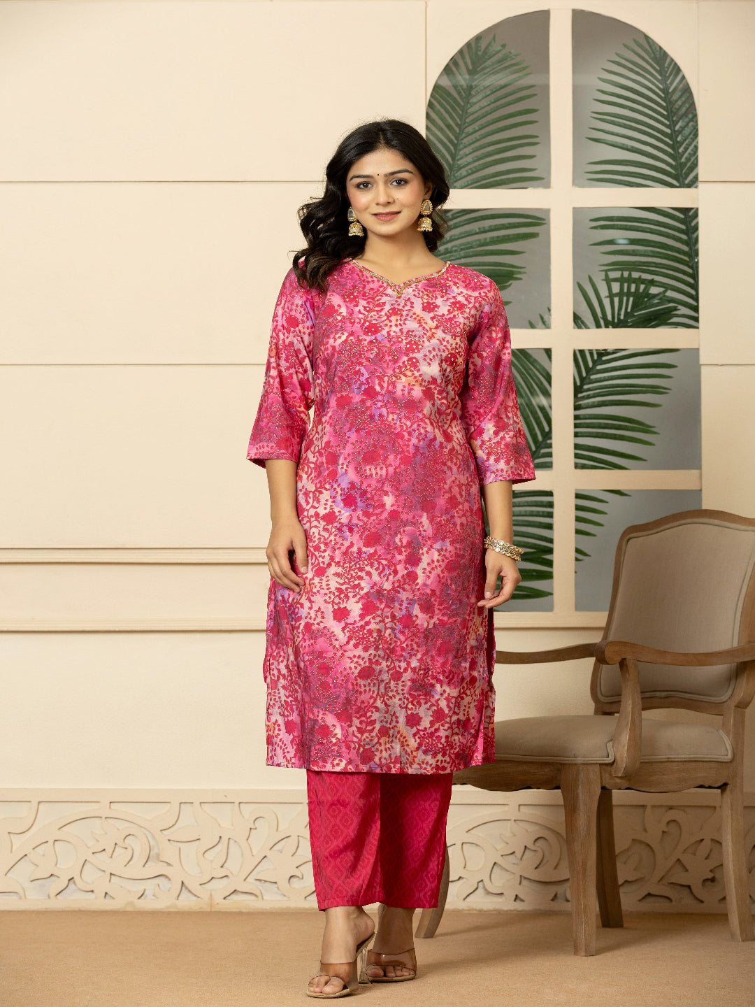Pink Modal chanderi Kurta with Embroidered V-Neck and Pant with Dupatta