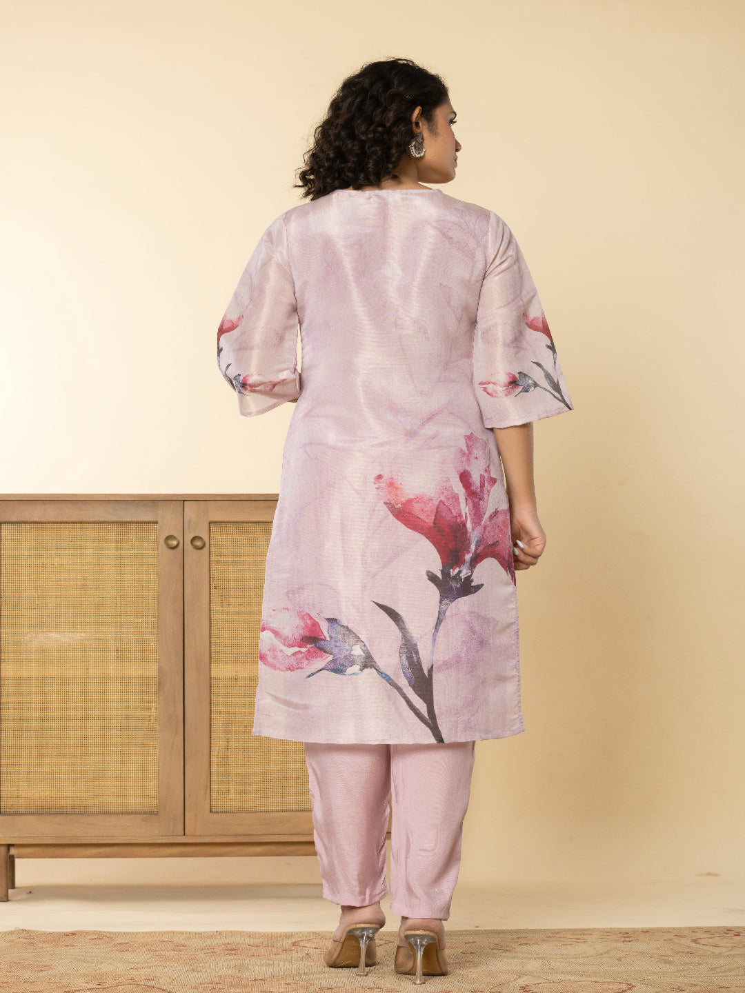 Pink Shimmer Straight Kurta with Embroidered Round Nack and Pant with Dupatta