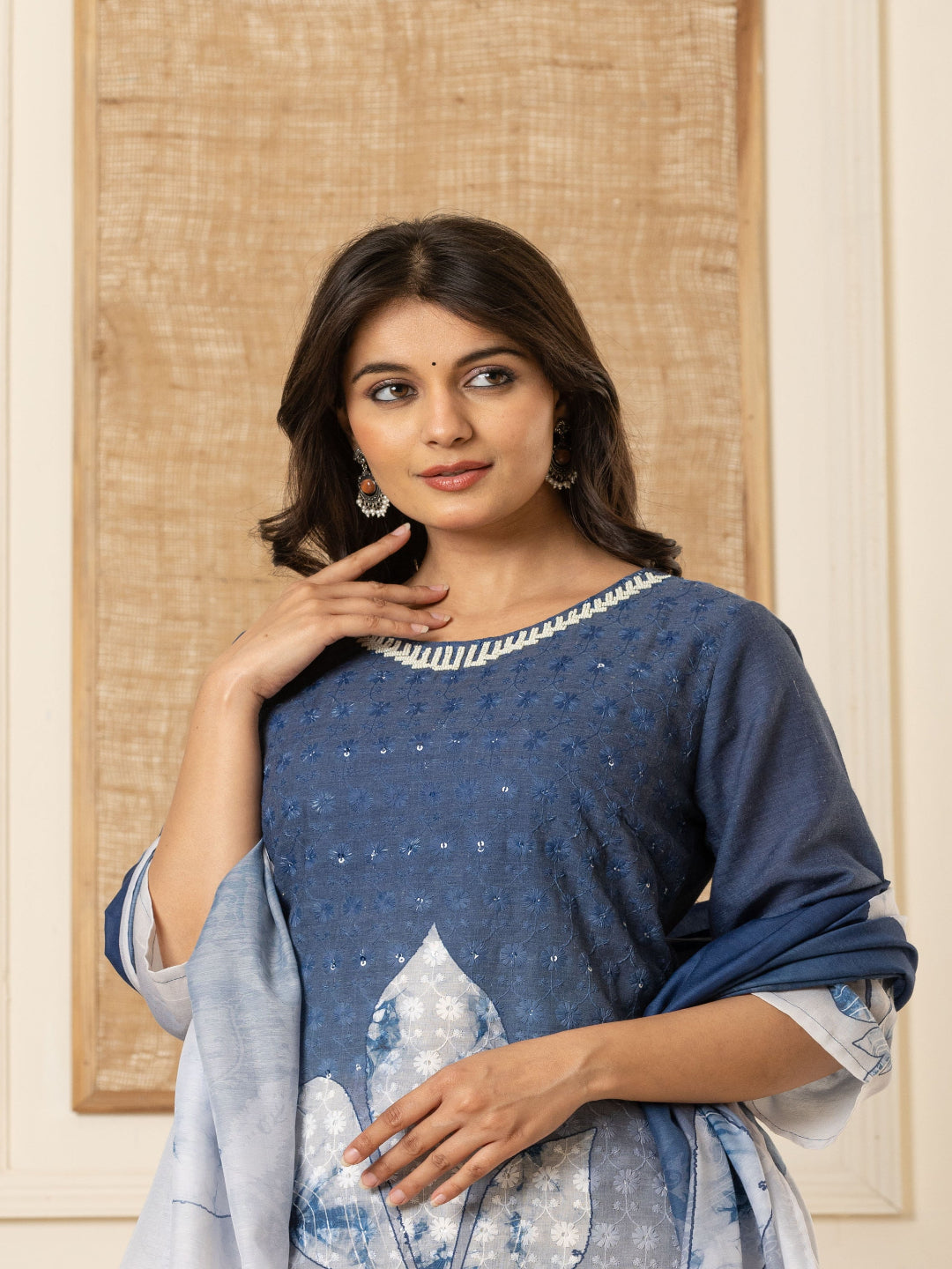 Blue And White Schiffli Straight Kurta with Embroidered Round Neck and Pant with Dupatta By Flamboyant flamboyanttrend.myshopify.com